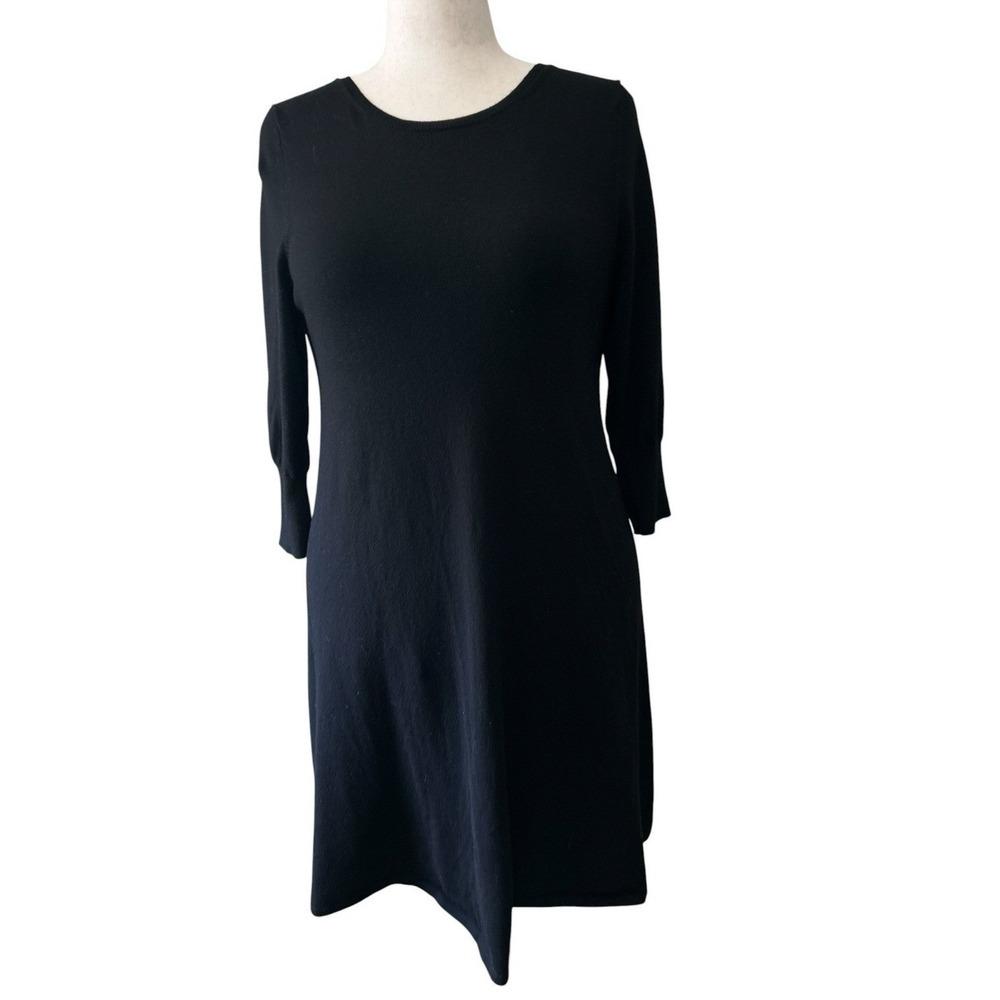 Lands' End Merino Wool Blend Black A-Line Stretch Sweater Dress Large Timeless